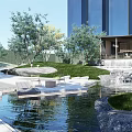 Modern Garden Landscape With Illuminated Geometric Patterns Trees Grass And Paved Pathways