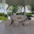 Modern Pergola Structure With Trees Rocks Gray Tiled Floor And Green Grass Area