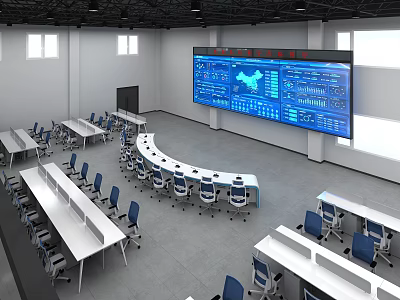 Modern Monitoring Control Room With Large Digital Screen Multiple Workstations And Ergonomic Chairs 3d model