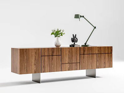 Wooden TV Stand With Drawers Cabinets Metal Legs Green Lamp And Plant Decor 3d model