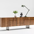 Wooden TV Stand With Drawers Cabinets Metal Legs Green Lamp And Plant Decor
