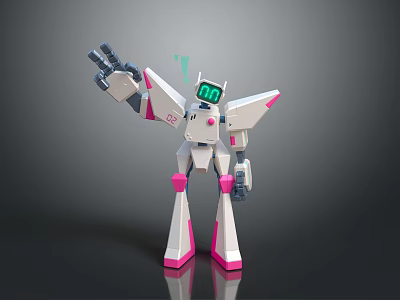 White and Pink Robot With Mechanical Arms Green Screen Display Standing on Reflective Surface 3d model