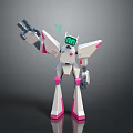 White and Pink Robot With Mechanical Arms Green Screen Display Standing on Reflective Surface