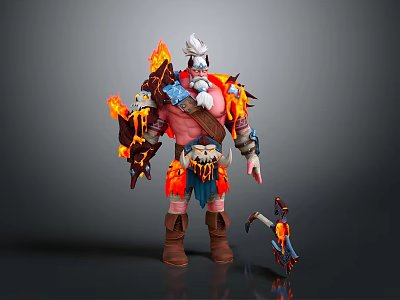 Muscular White Haired Bearded Warrior With Flaming Armor And Small Flaming Creature Companion 3d model
