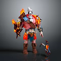 Muscular White Haired Bearded Warrior With Flaming Armor And Small Flaming Creature Companion