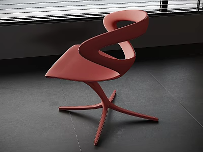 Stylish Red Modern Curved Chair With Unique Design And Crossed Legs In Interior Room 3d model