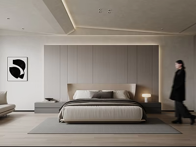 Modern Bedroom Interior With Paneled Wall Upholstered Headboard Table Lamp Accent Chair And Decorative Artwork 3d model