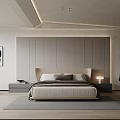 Modern Bedroom Interior With Paneled Wall Upholstered Headboard Table Lamp Accent Chair And Decorative Artwork