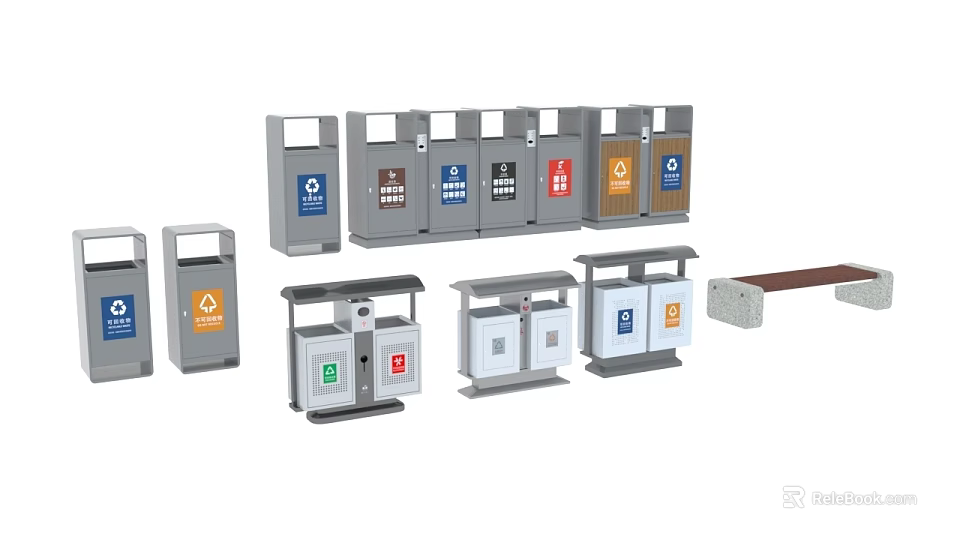 Various Design Recycling Trash Bins With Color Classification Labels For Waste Sorting 3d model