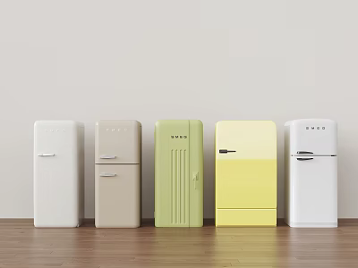 Vintage Retro Refrigerators In Multiple Colors Display On Wooden Floor With Light Wall 3d model