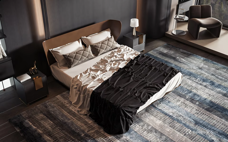 Double Bed with Wooden Headboard and Ruched Black White Bedding in Dark Room 3d model 