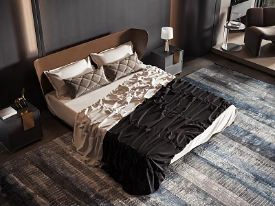 Double Bed with Wooden Headboard and Ruched Black White Bedding in Dark Room 3d model