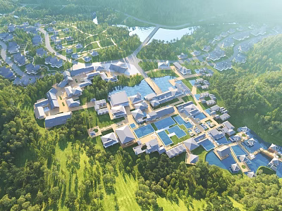 Aerial Planning of Scenic Area with Residential Commercial Buildings Lakes Green Spaces and Forest Layout 3d model