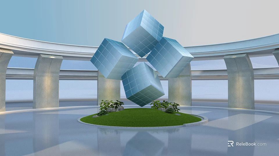 Cartoon Scene Featuring Floating Blue Cubes Over Circular Green Lawn Small Plants in Modern Architecture 3d model 
