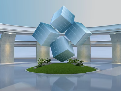 Cartoon Scene Featuring Floating Blue Cubes Over Circular Green Lawn Small Plants in Modern Architecture 3d model