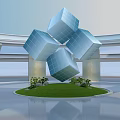 Cartoon Scene Featuring Floating Blue Cubes Over Circular Green Lawn Small Plants in Modern Architecture