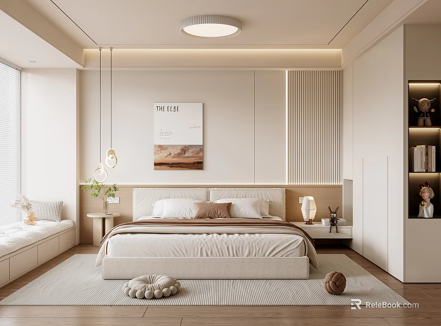 Modern Minimalist Bedroom Interior Design With Neutral Tones Bed Artwork And Soft Rug 3d model 