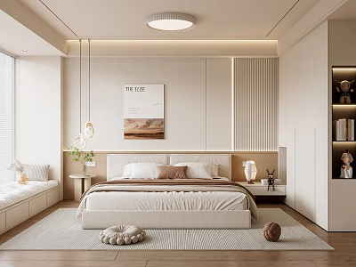Modern Minimalist Bedroom Interior Design With Neutral Tones Bed Artwork And Soft Rug 3d model