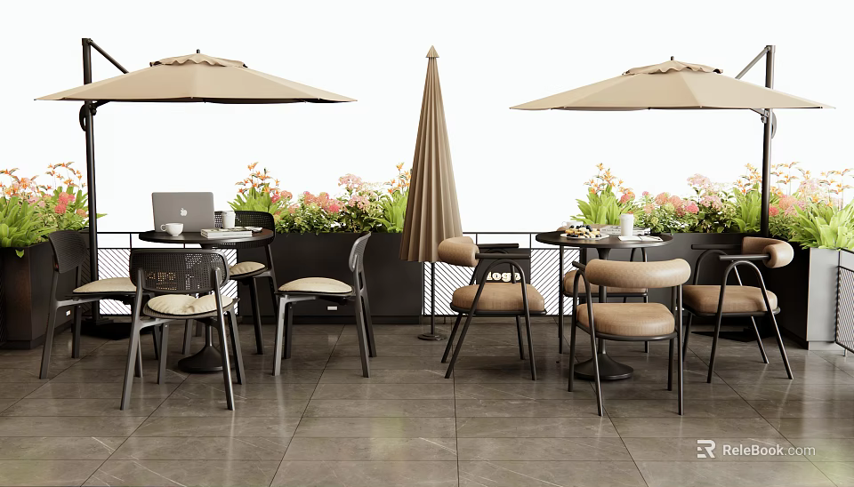 Outdoor Table Setting With Umbrella Chairs Laptop Teacups Flowers And Tiled Floor 3d model 