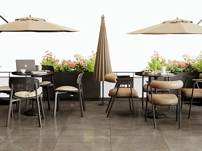 Outdoor Table Setting With Umbrella Chairs Laptop Teacups Flowers And Tiled Floor 3d model