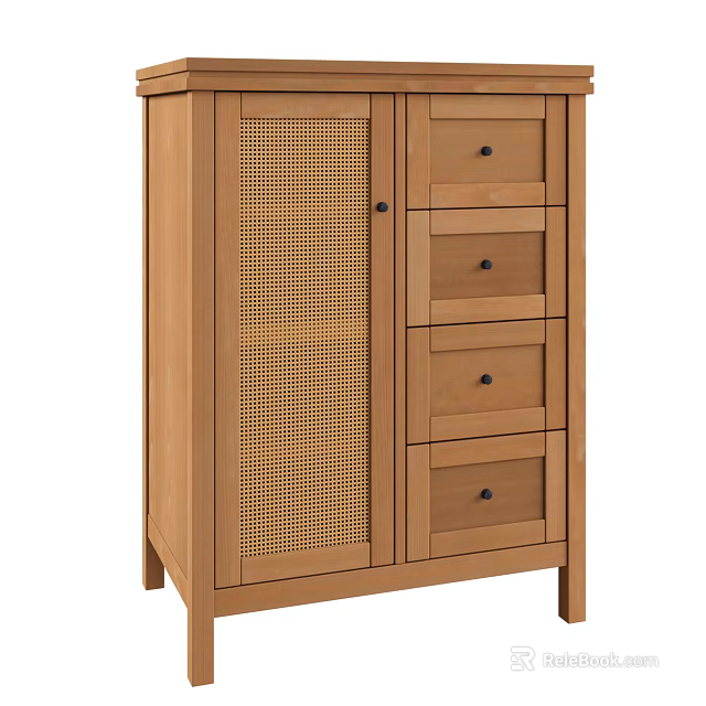 Wooden Entryway Console Side Cabinet With Rattan Doors And Storage Drawers 3d model 