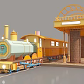 Vintage Steam Train At Station With Yellow Canopy And Brick Pillars