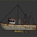 Rusty Old Fishing Boat Moored At Small Dock With Mast And Gear