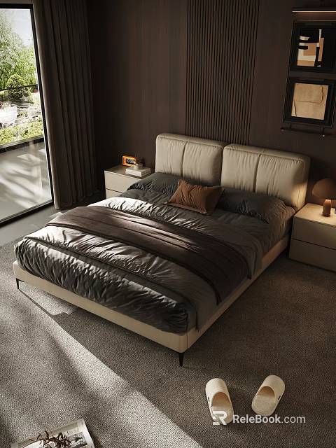 Modern Soft Upholstered Leather Bed With Two Matching Nightstands For Cozy Home Bedroom Decoration 3d model 