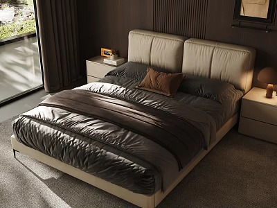 Modern Soft Upholstered Leather Bed With Two Matching Nightstands For Cozy Home Bedroom Decoration 3d model