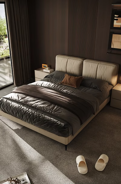 Modern Soft Upholstered Leather Bed With Two Matching Nightstands For Cozy Home Bedroom Decoration 3d model