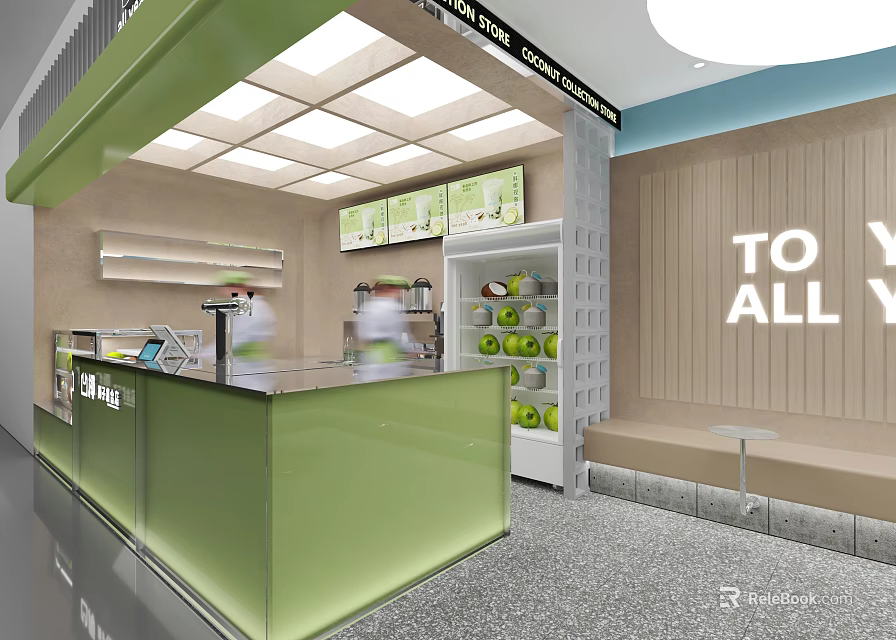 Bright Modern Milk Tea Shop Interior With Green Counter Staff And Beverage 3d model 