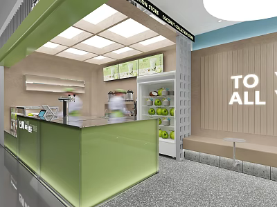 Bright Modern Milk Tea Shop Interior With Green Counter Staff And Beverage 3d model