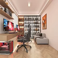 Modern Entertainment Room With Dual Monitors Gaming PC Sofa Bookshelves And Wall Art