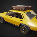 Vibrant Yellow Off Road Vehicle With Roof Cargo Carrier Headlights On And Rugged Tires