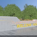 White Feature Wall With Yellow WELCOME HOME Letters Trees Lighting And Stone Pavement Steps