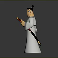 Cartoon Style Samurai Character In White Robe Holding Sword With Black Topknot And Serious Expression