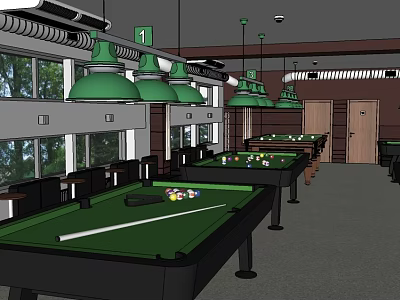 Spacious Billiard Room With Green Felt Tables Hanging Lights And Large Windows 3d model