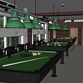 Spacious Billiard Room With Green Felt Tables Hanging Lights And Large Windows