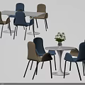 Modern Dining Table Set Featuring Round Rectangular Tables Blue Brown Chairs And Flower Vase 3d model