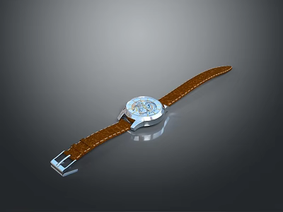 Luxury Wrist Watch With Brown Leather Strap And Silver Crystal Dial 3d model