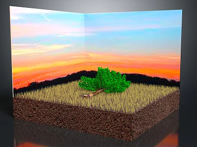 Green Tree Growing in Grass and Soil Layers Against Sunset Sky Background 3d model