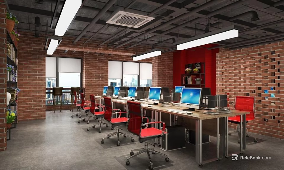 Public Office Space With Red Brick Walls Open Layout Red Chairs And Computers 3d model