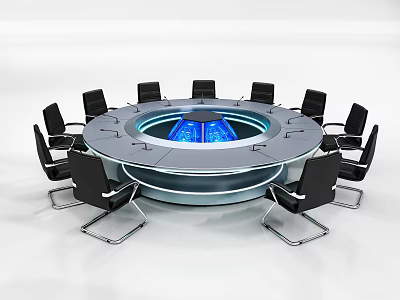 Modern Round Conference Table With Blue Illuminated Center And Black Chairs 3d model