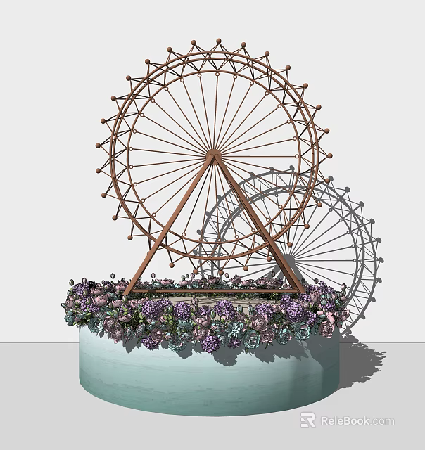 Metal Ferris Wheel Decorative Ornament Set With Light Blue Base And Purple Flowers 3d model 