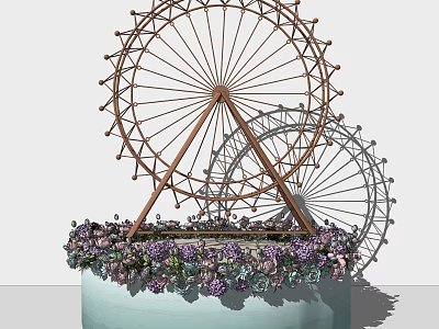 Metal Ferris Wheel Decorative Ornament Set With Light Blue Base And Purple Flowers 3d model