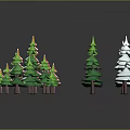 Cartoon Style Christmas Trees Scene With White Red Green Colors On Gray Background And Reflections
