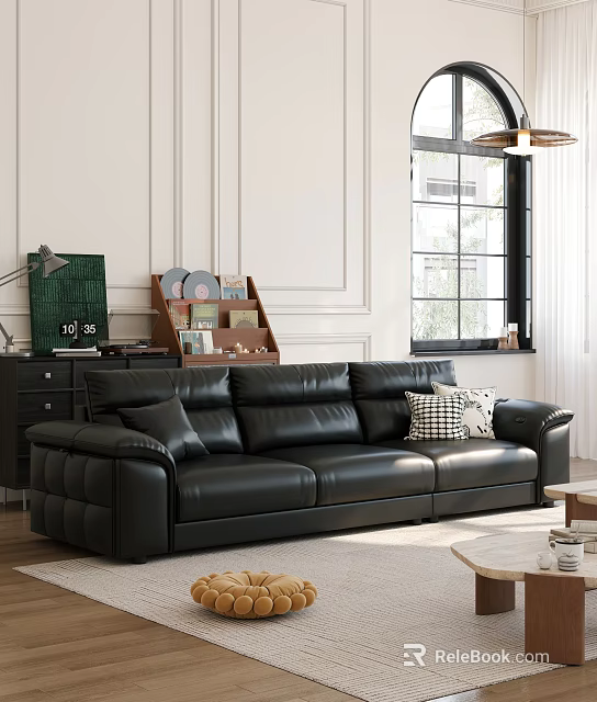Black Leather Sectional Sofa in Modern Living Room with Decorative Pillows and Stylish Accents 3d model 
