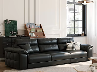 Black Leather Sectional Sofa in Modern Living Room with Decorative Pillows and Stylish Accents 3d model