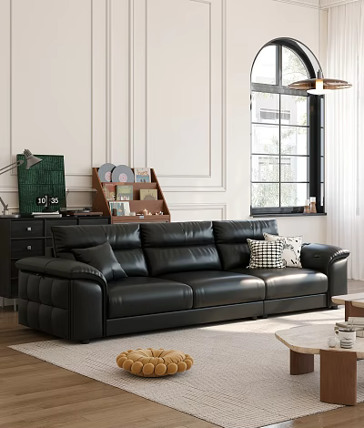 Black Leather Sectional Sofa in Modern Living Room with Decorative Pillows and Stylish Accents 3d model