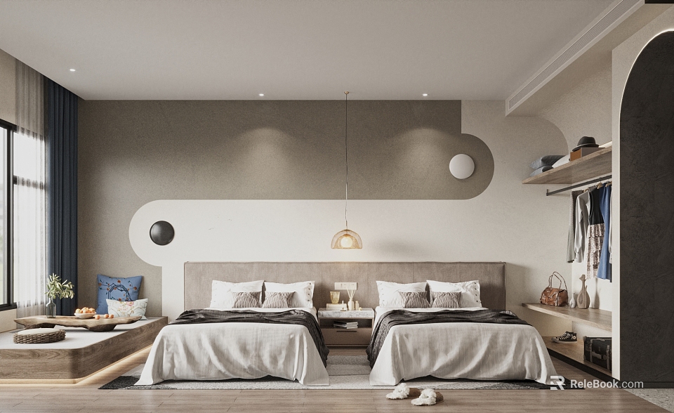 Modern Hotel Room With Twin Beds Gray Accent Wall Circular Decor Pendant Light Open Closet 3d model 